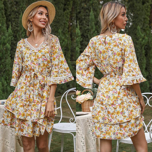 Summer Bell Sleeves Ruffled Short Dresses-Mini Dresses-The same as picture-S-Free Shipping Leatheretro