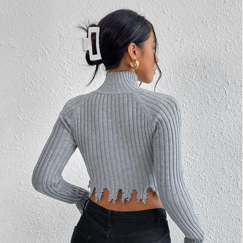 Sexy Long Sleeves Turtleneck Middriff Knitted Sweater-Shirts & Tops-Light Gray-S-Free Shipping Leatheretro