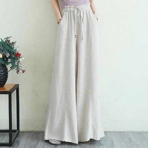 Vintage Linen Elastic Waist Summer Wide Legs Pants for Women-Pants-Ivory-M-Free Shipping Leatheretro