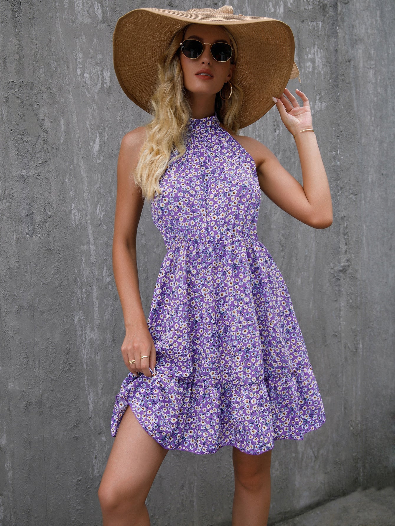 Casual Floral Print Women Short Summer Dresses-Dresses-Purple-S-Free Shipping Leatheretro