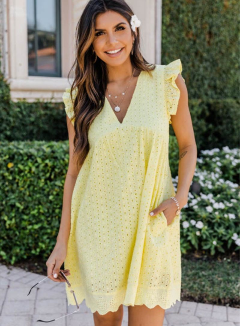 Summer Lace Hollow Out Sleeveless Daily Sun Dresses-Dresses-Yellow-S-Free Shipping Leatheretro
