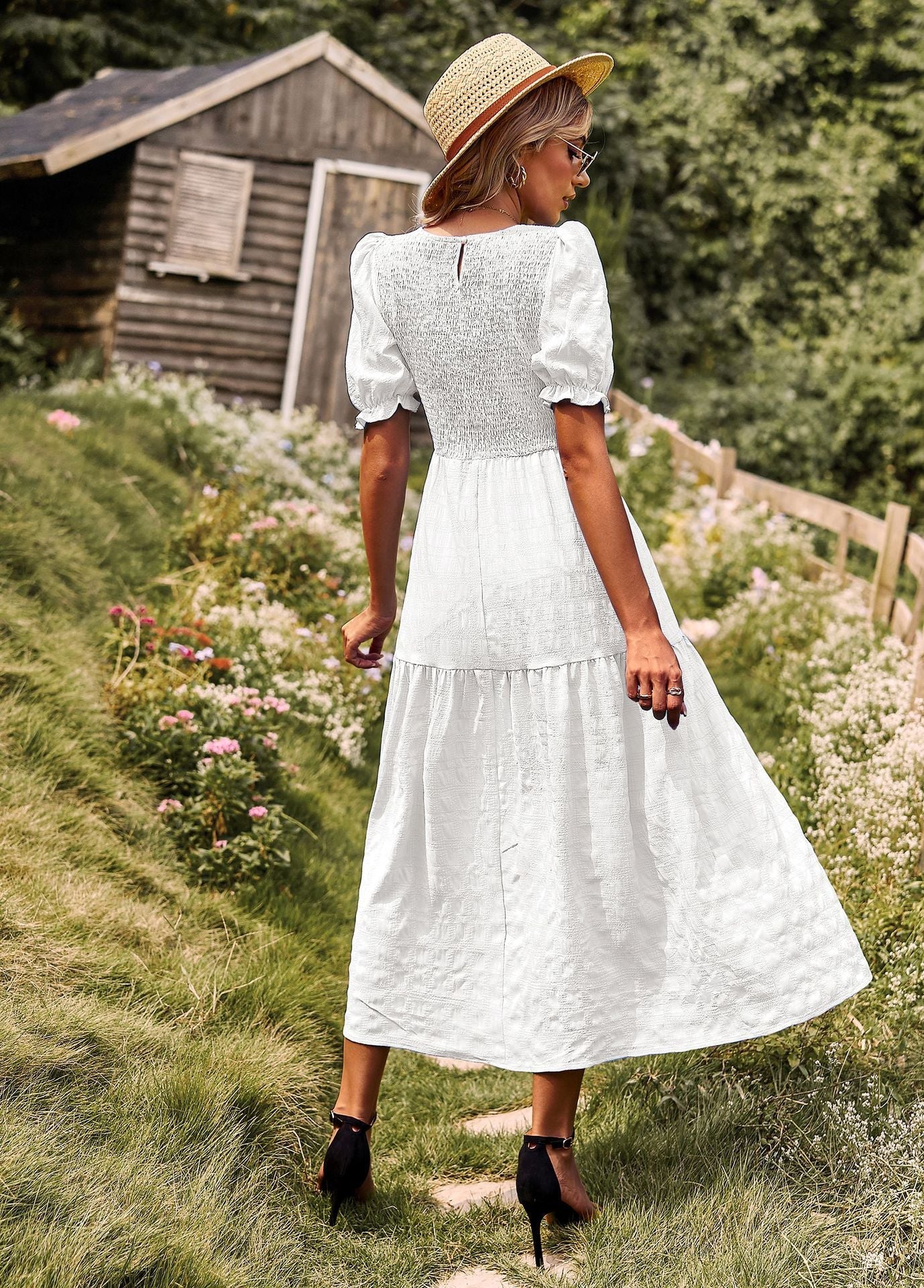 Casual Short Sleeves A Line Midi Dresses-Dresses-White-S-Free Shipping Leatheretro
