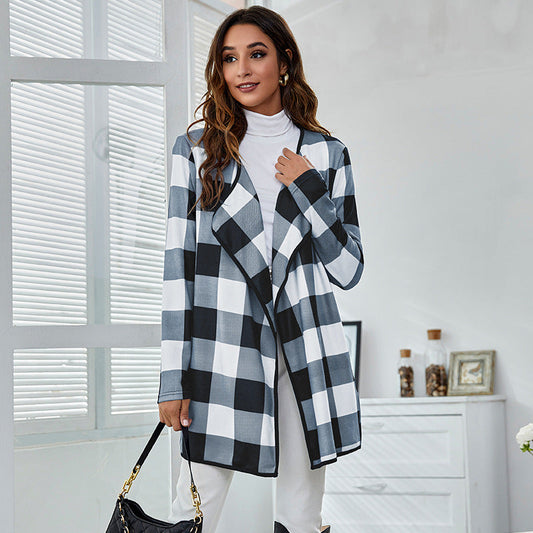 Casual Pocket Design Plaid Women Coats-Coats & Jackets-Black White-S-Free Shipping Leatheretro