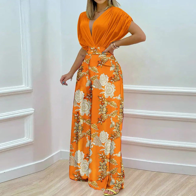 Casual Summer Wide Legs Pants Outfits for Women-Suits-Orange Floral-S-Free Shipping Leatheretro