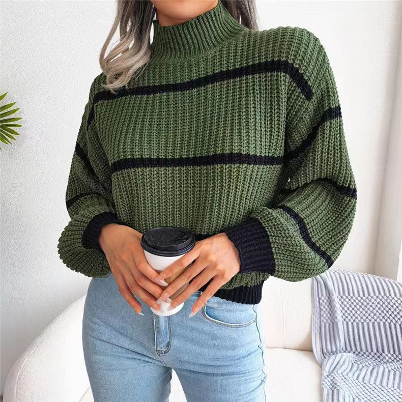 Fashion Striped High Neck Knitted Pullover Sweaters-Shirts & Tops-Green-One Size-Free Shipping Leatheretro