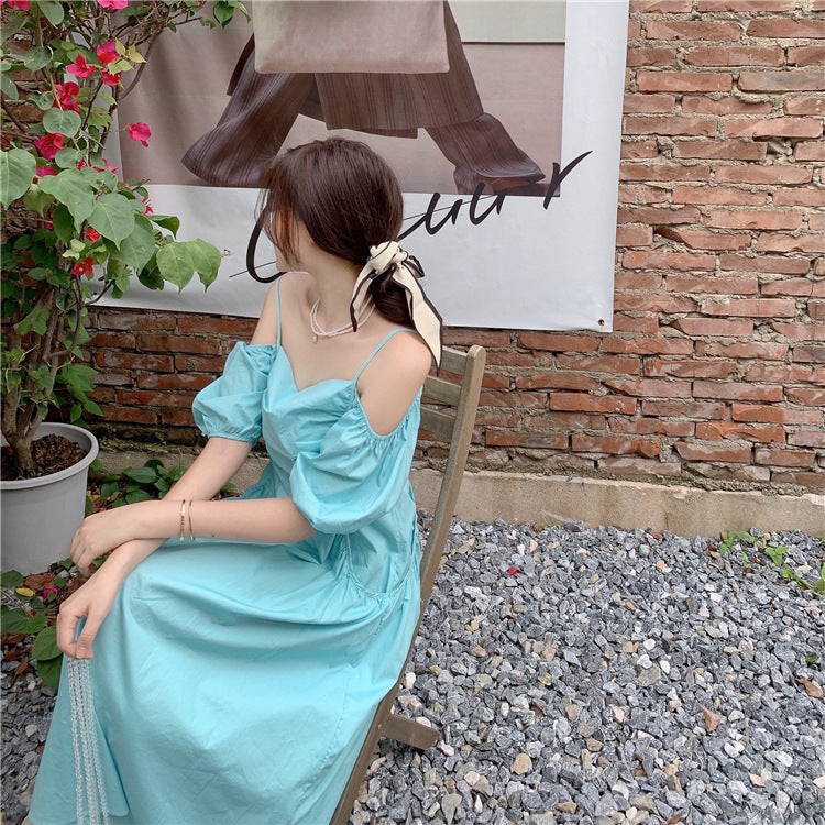 Off The Shoulder Summer Puff Sleeves Plus Sizes A-line Dresses-Dresses-Light Blue-L 50-60 kg-Free Shipping Leatheretro