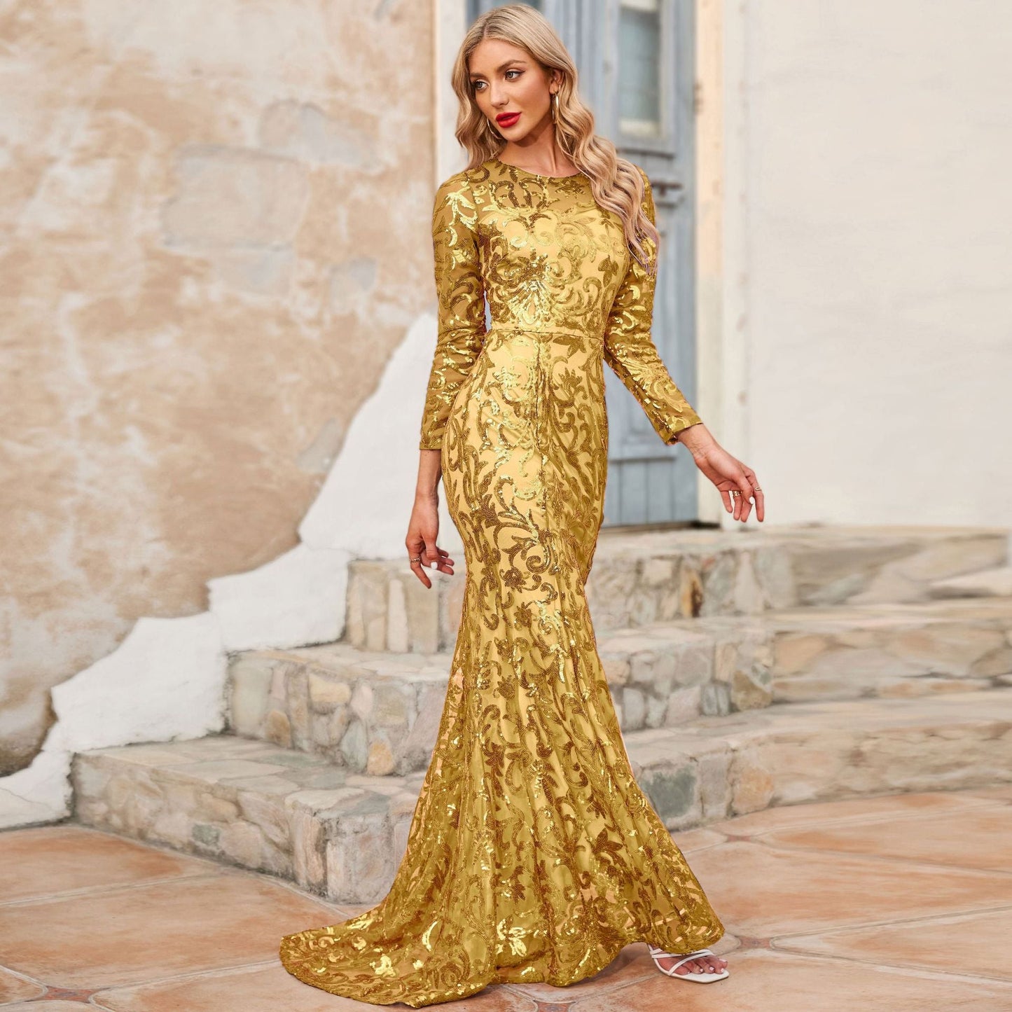 Elegant Round Neck Long Evening Dresses-Dresses-Gold-S-Free Shipping Leatheretro