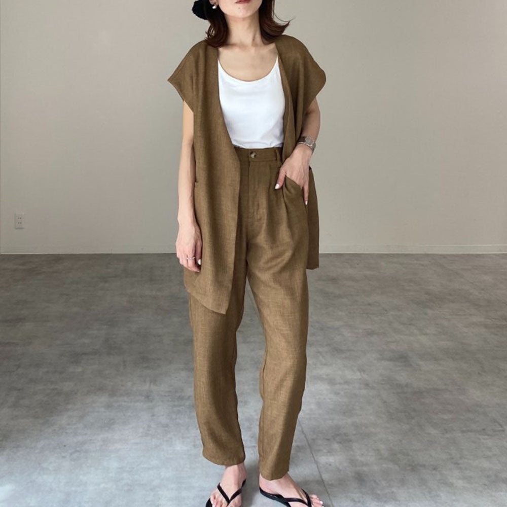 Casual Summer Linen Two Pieces Sets for Women-Suits-Brown-One Size-Free Shipping Leatheretro
