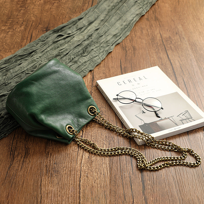 Vintage Vege Tanned Leather Bucket Bag with Chains 21032-Green-Free Shipping Leatheretro