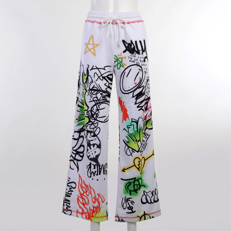 Casual Graffiti Print Wide Legs Pants for Women-Pants-The same as picture-S-Free Shipping Leatheretro