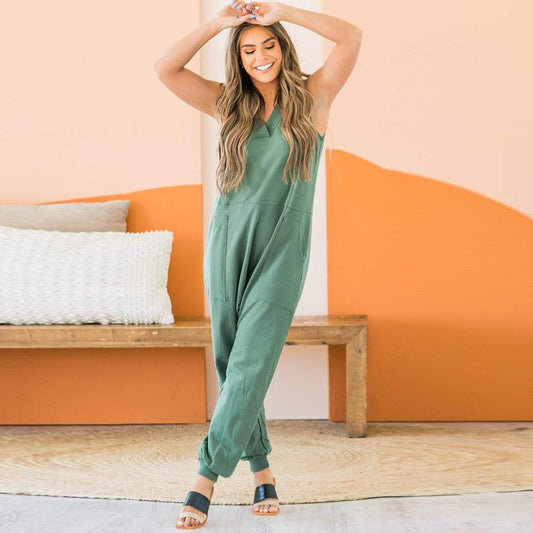 Summer Women Pocket Loose Rompers-One Piece Suits-Green-S-Free Shipping Leatheretro