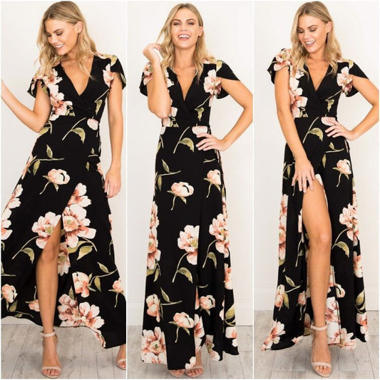 Casual Summer Floral Print Long Dresses-Dresses-Black-S-Free Shipping Leatheretro