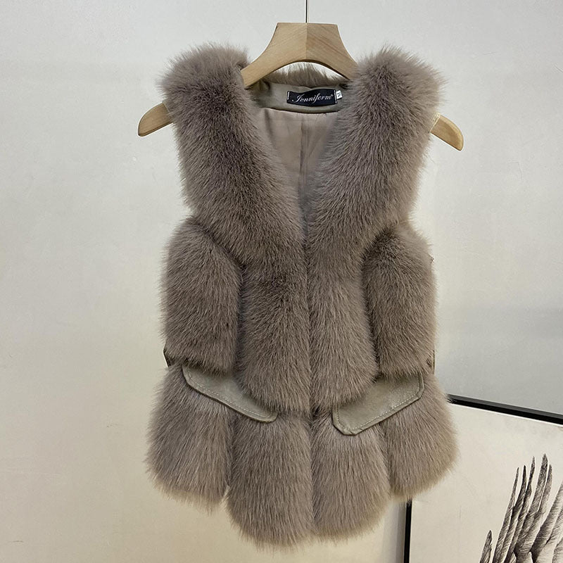 Winter Man Made Fox Fur Short Top Vest for Women-vest-可可色（口袋盖马甲）-S-Free Shipping Leatheretro