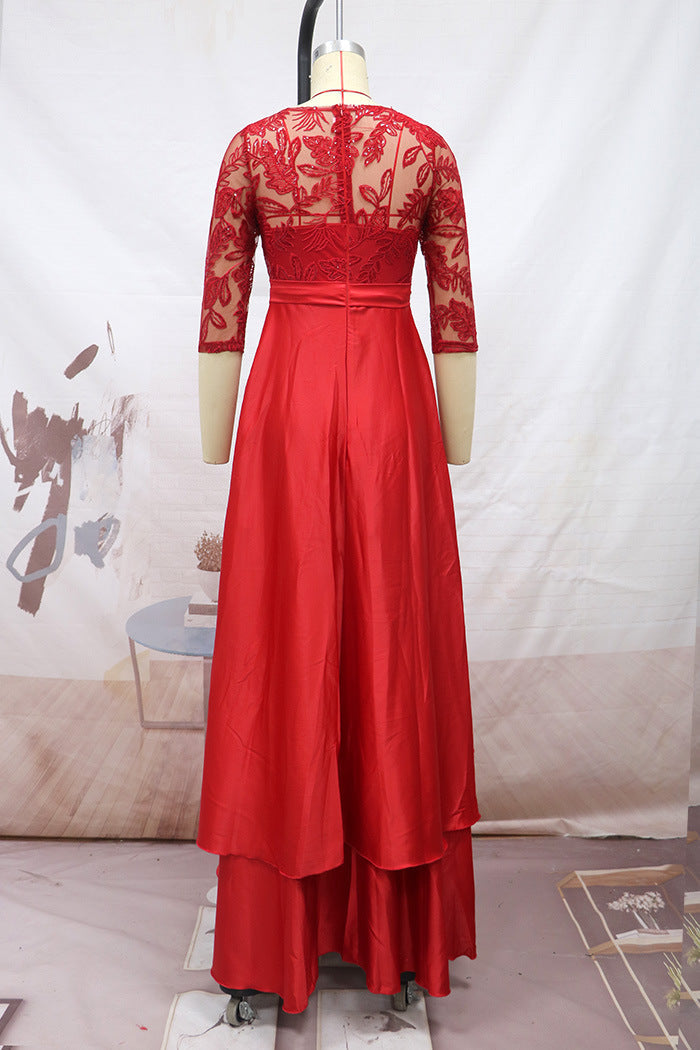 Elegant Lace Party Dresses with Brush Tail-Dresses-Red-S-Free Shipping Leatheretro