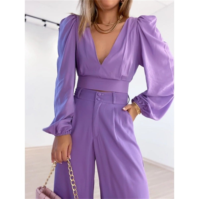 Casual High Waist Spring Wide Legs Women Suits-Suits-Purple-S-Free Shipping Leatheretro