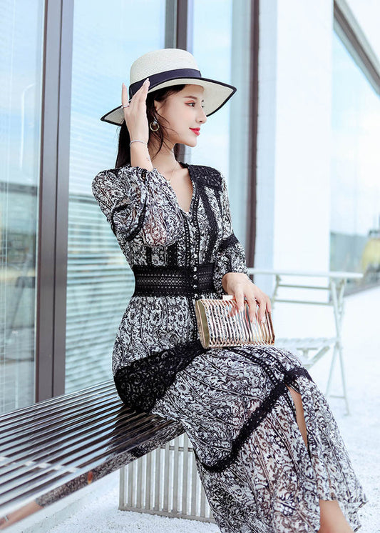 Elegant Classy Floral Design Long Dresses-Dresses-Long Sleeves-S-Free Shipping Leatheretro