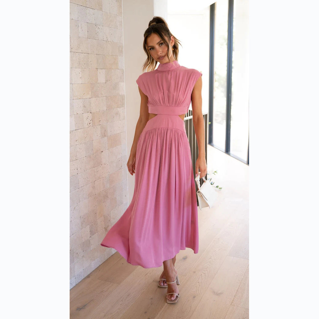 Fashion Stand Collar Waist Baring Summer Long Dresses-Dresses-Pink-S-Free Shipping Leatheretro
