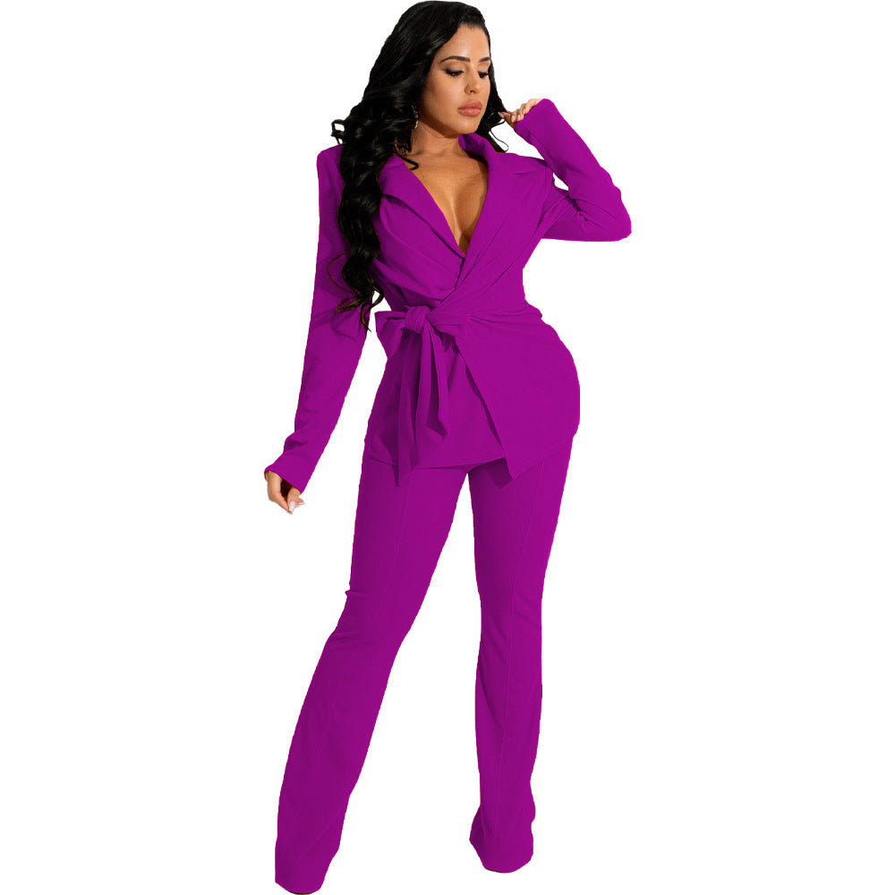 Casual Deep V Neck Women Two Pieces Outfit Sets-Suits-Purple-S-Free Shipping Leatheretro