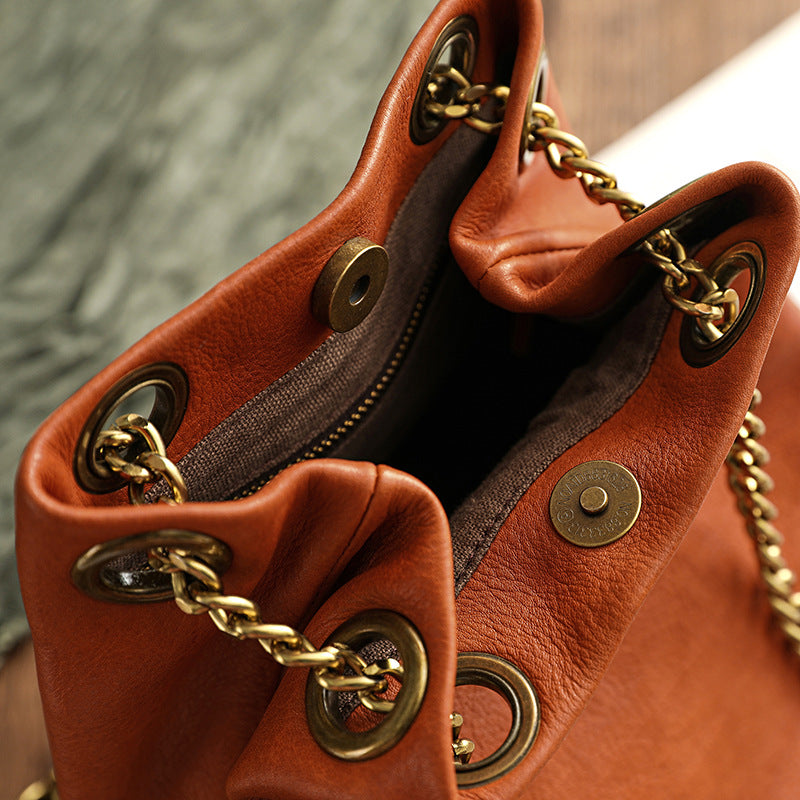 Vintage Vege Tanned Leather Bucket Bag with Chains 21032-Yellow-Free Shipping Leatheretro