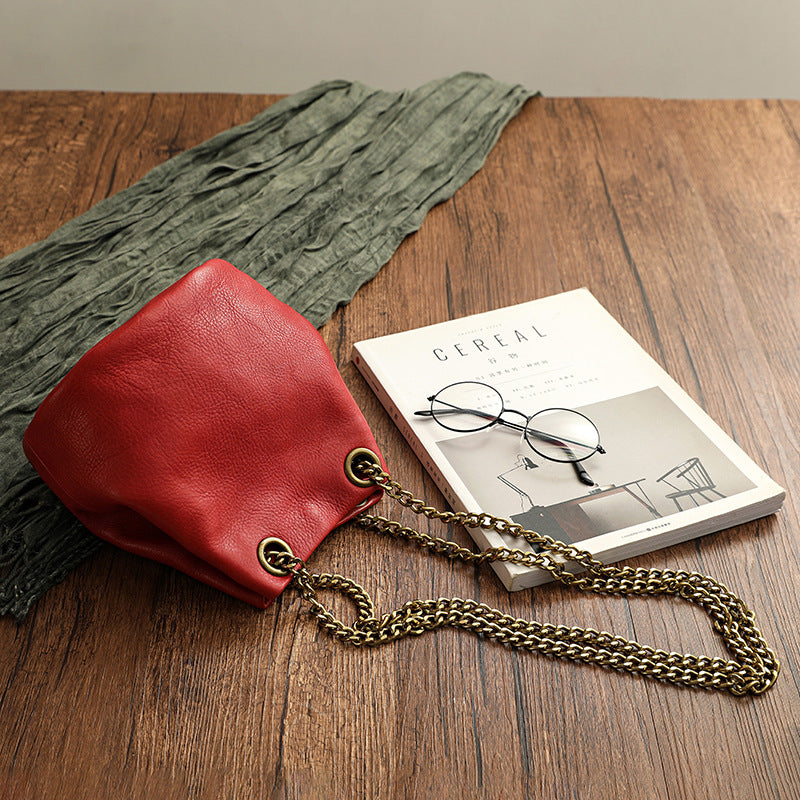 Vintage Vege Tanned Leather Bucket Bag with Chains 21032-Wine Red-Free Shipping Leatheretro