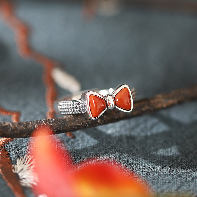 Bow Design Red Agate Sterling Silver Vintage Rings-Rings-White-Adjustable-Free Shipping Leatheretro