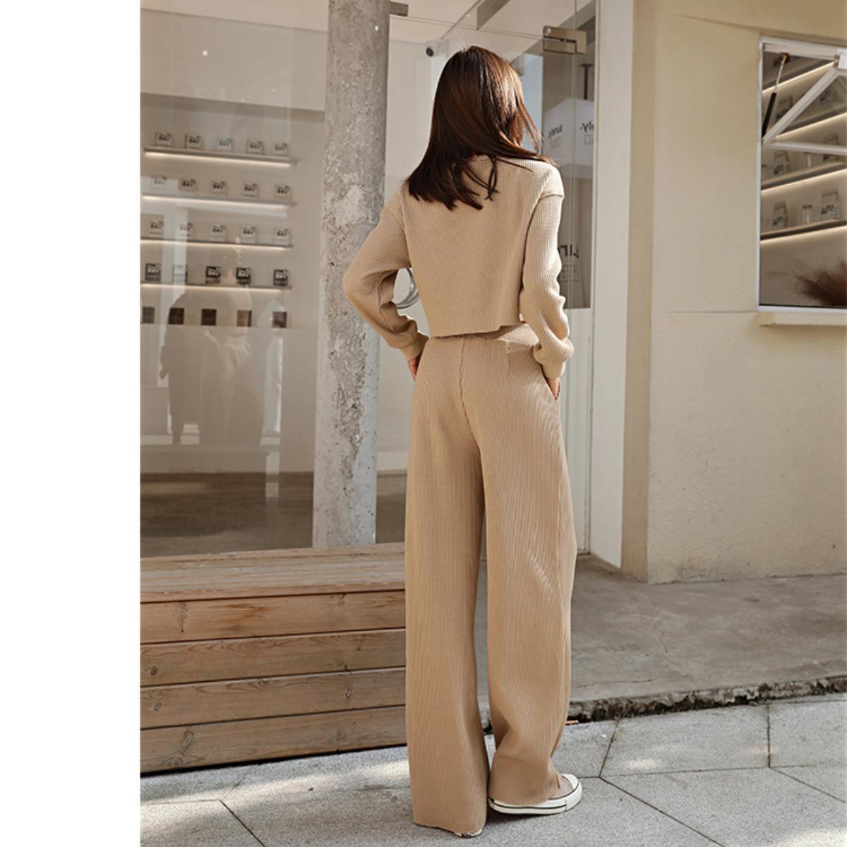 Casual Fall/Winter Two Pieces Tops & Wide Legs Pants-Suits-White-S-Free Shipping Leatheretro