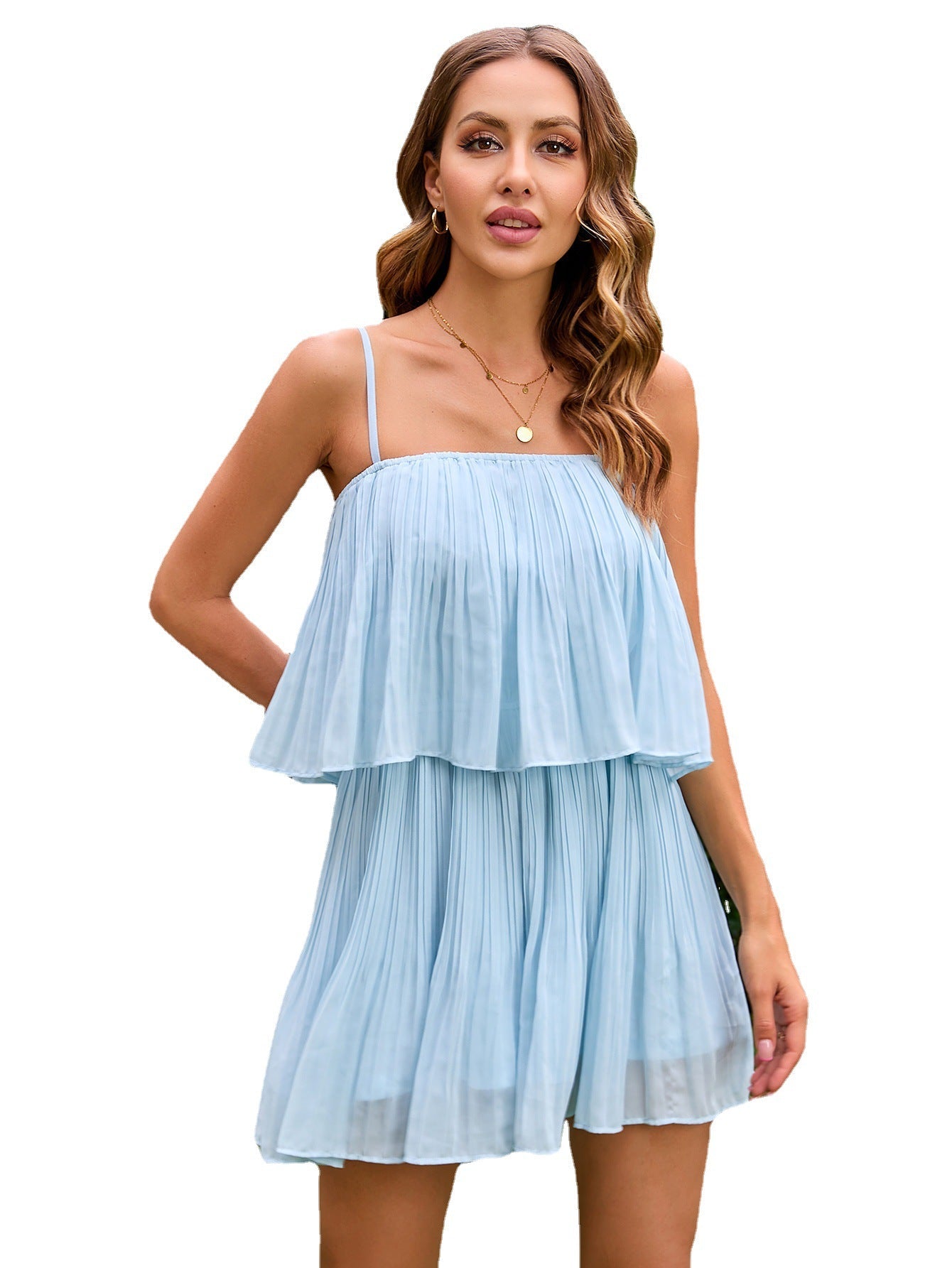 Summer Sexy Ruffled A Line Mini Dresses-Suits-Sky Blue-S-Free Shipping Leatheretro