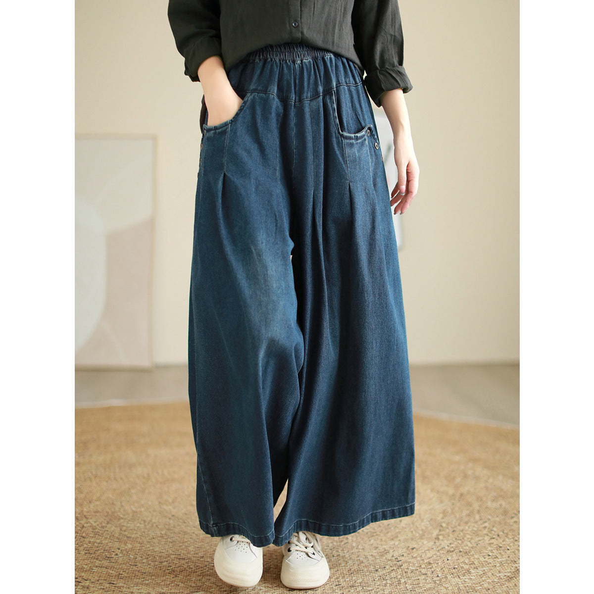 Casual Elastic Waist Fall Wide Legs Jeans for Women-Pants-Blue-L under 62 kg-Free Shipping Leatheretro
