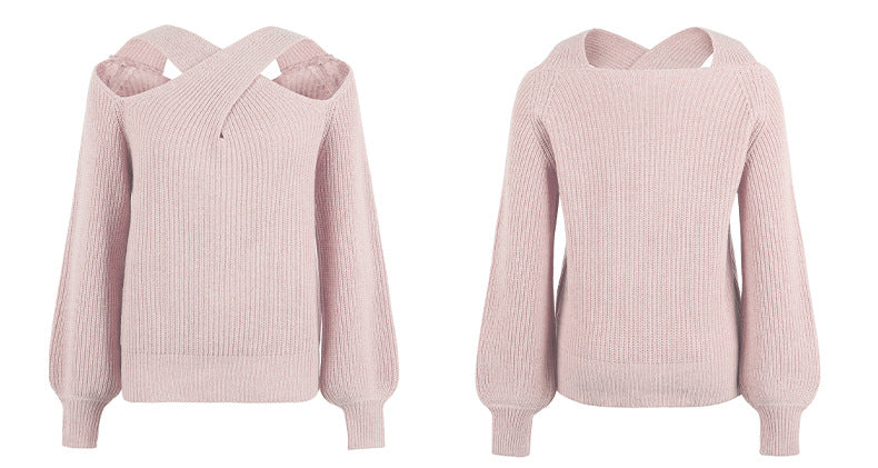 Fashion Crossed Fall Women Knitted Sweaters-Shirts & Tops-Pink-S-Free Shipping Leatheretro