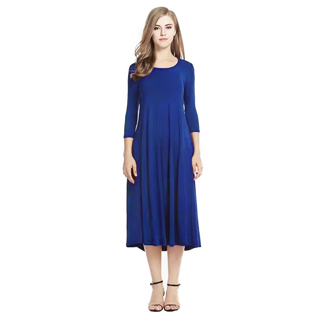 Casual Simple Design Round Neck Midi Dresses-Dresses-Dark Blue-S-Free Shipping Leatheretro