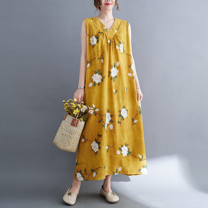 Casual Summer Linen Plus Sizes Sleeveless Dresses-Dresses-Yellow-1-M【50-60 kg】-Free Shipping Leatheretro