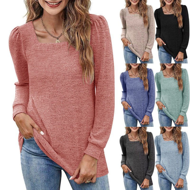Fashion Square Neckline Long Sleeves Shirts-Shirts & Tops-Pink-S-Free Shipping Leatheretro