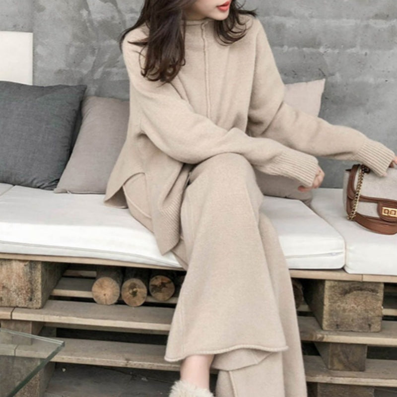 Casual Turnover Collar Two Pieces Knitted Suits for Women-Suits-Apricot-S-Free Shipping Leatheretro