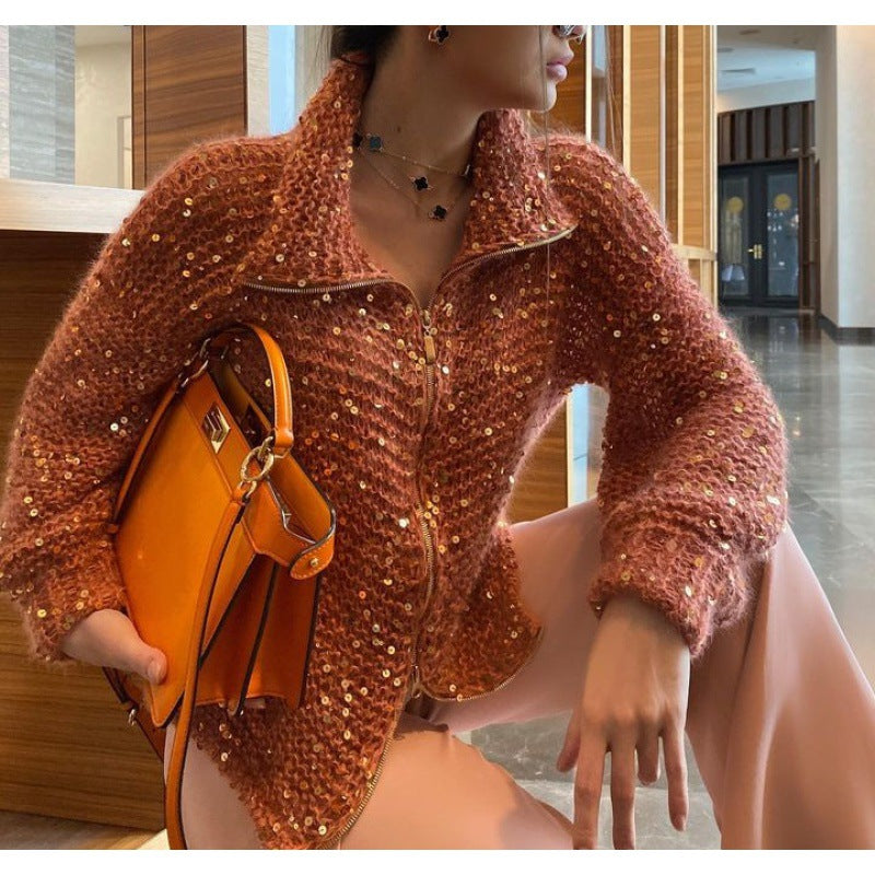 Fashion Sequined V Neck Sweaters for Women-Shirts & Tops-Orange-XS-Free Shipping Leatheretro