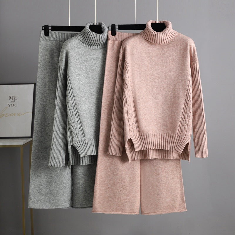 Casual Women Winter Turtleneck Sweaters and Pants Sets-Suits-Pink-One Size-Free Shipping Leatheretro