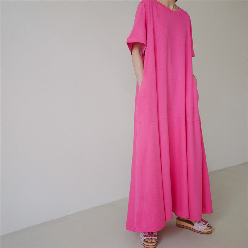 Casual Simple Design Plus Sizes Short Sleeves Long Dresses-Dresses-Pink-S-Free Shipping Leatheretro