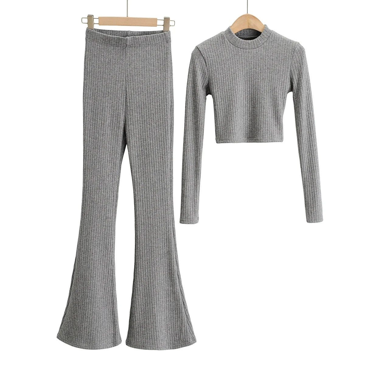 Sexy Women Knitting Midriff Baring Tops And High Waist Pants-Suits-Gray-S-Free Shipping Leatheretro