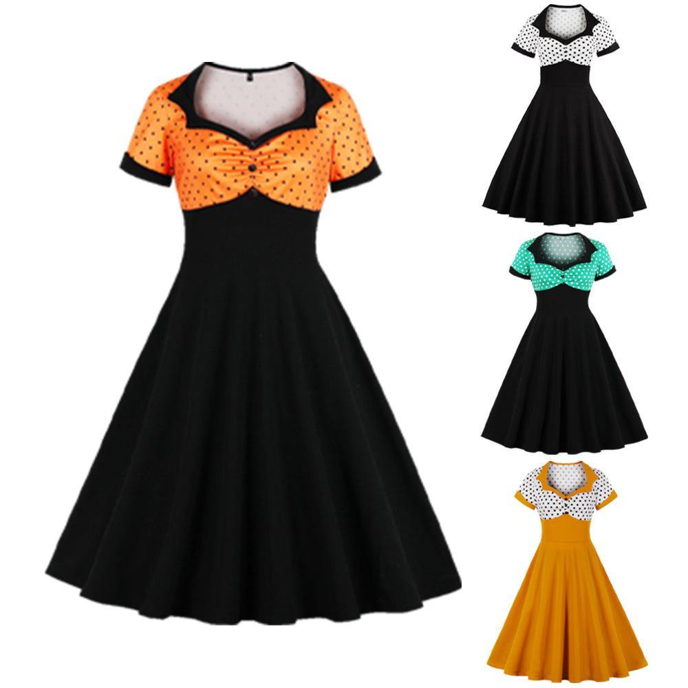 Square Neckline Dot Print Plus Size Retro Dresses-Vintage Dresses-Yellow-S-Free Shipping Leatheretro