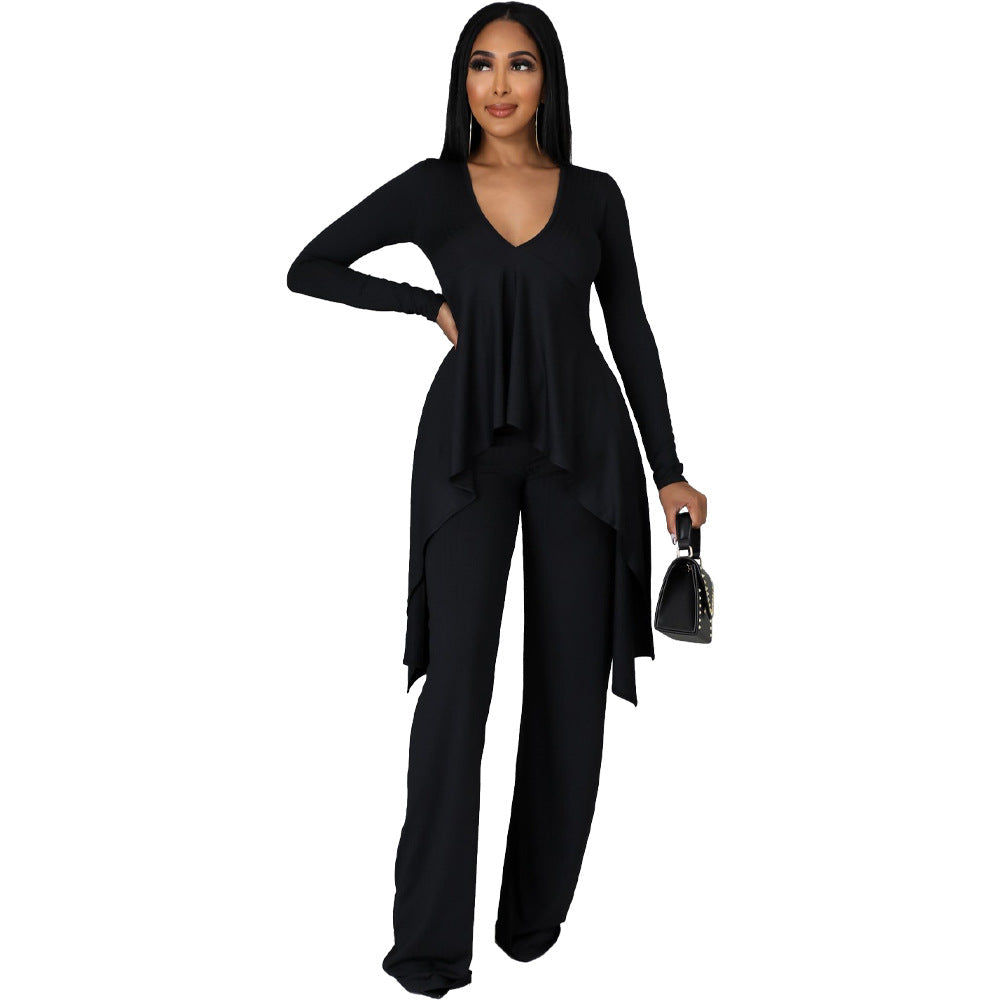 Sexy Long Sleeves Irregular Tops and Pants Set for Women-Suits-Black-S-Free Shipping Leatheretro