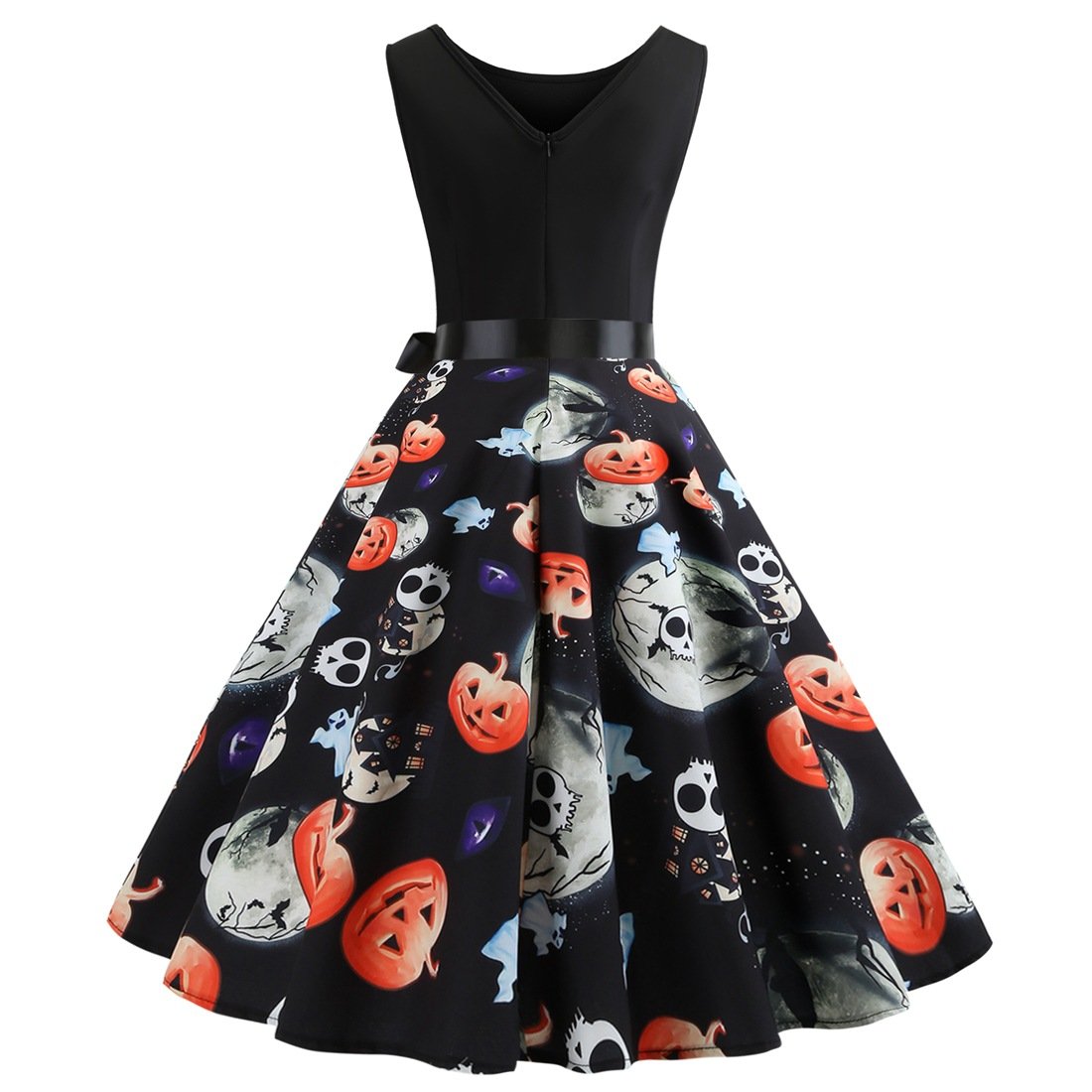 Vintage Pumpkin Skeleton Print Dresses-Vintage Dresses-Black-S-Free Shipping Leatheretro