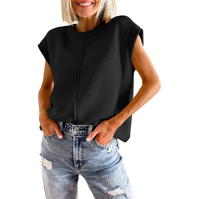 Casual Sleeveless Round Neck Knitted Vest-Shirts & Tops-Black-S-Free Shipping Leatheretro
