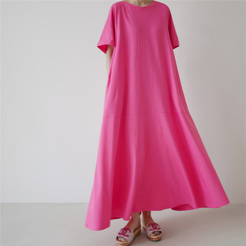 Casual Simple Design Plus Sizes Short Sleeves Long Dresses-Dresses-Pink-S-Free Shipping Leatheretro