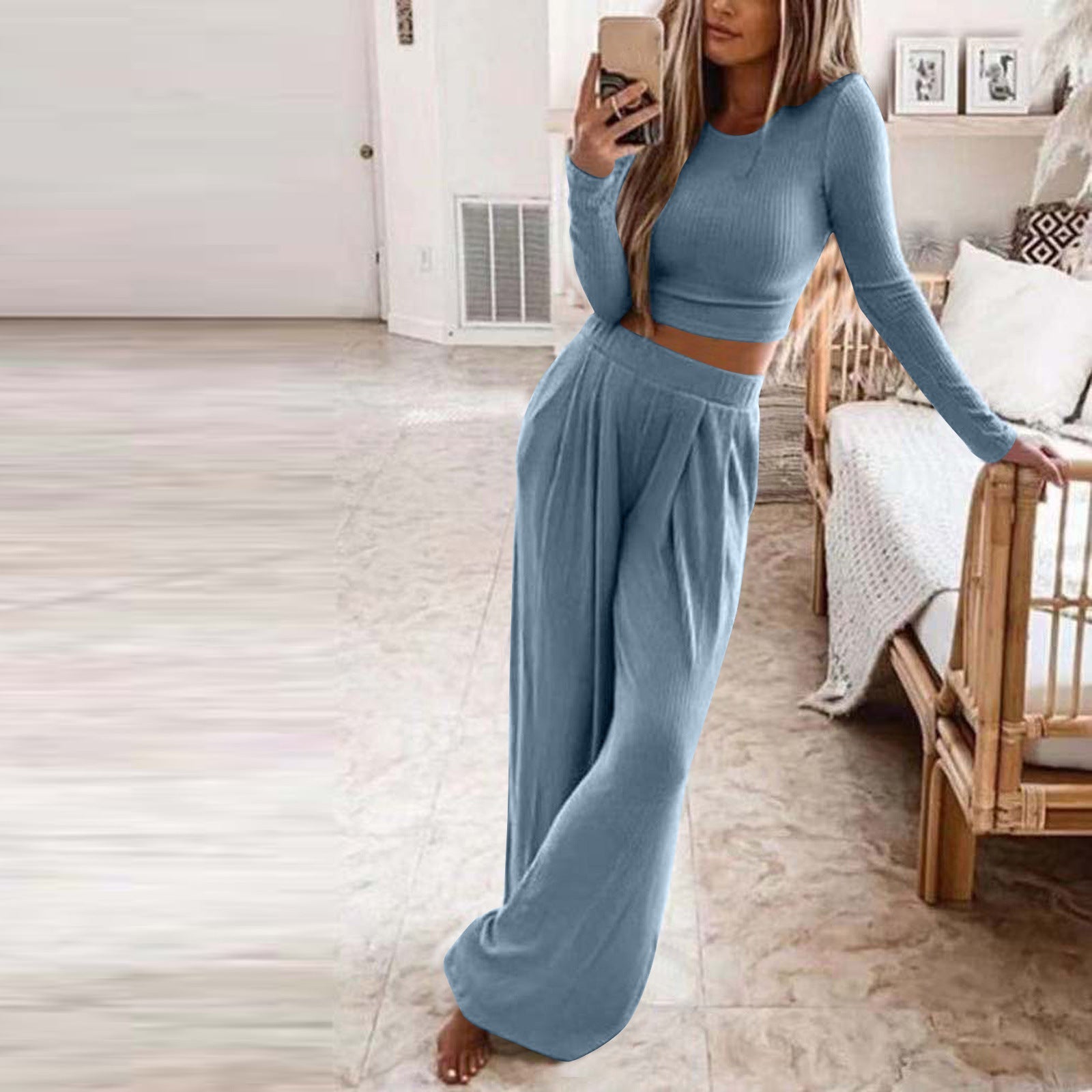 Casual Women Knitting Short Tops and Pants Sets-Suits-Blue-S-Free Shipping Leatheretro