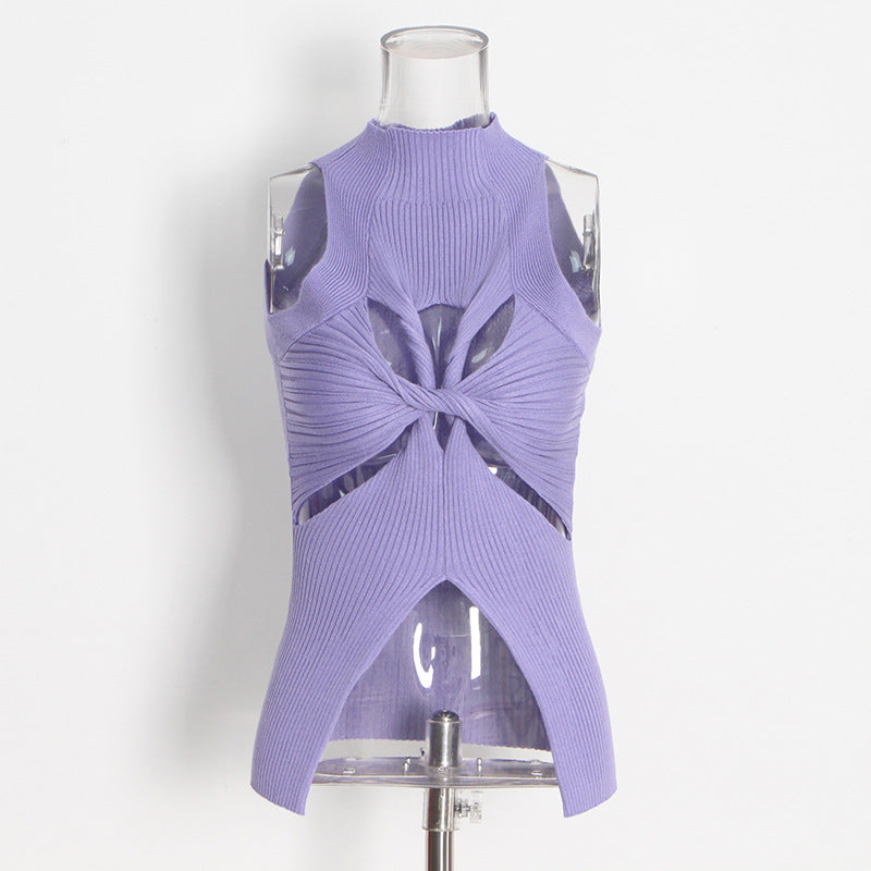Designed High Neck Irregular Women Knitted Tank Tops-vest-Purple-S-Free Shipping Leatheretro