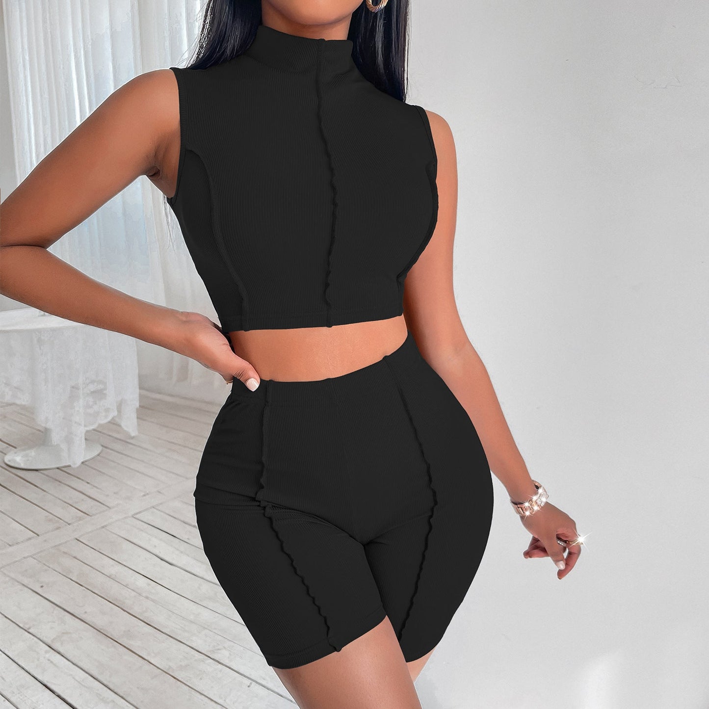Sexy Two Pieces Short Sport Suits-Activewear-Black-S-Free Shipping Leatheretro