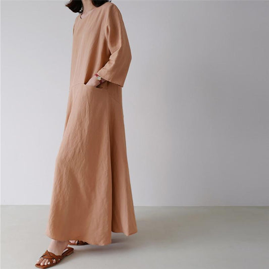 Plus Size Casual Linen A Line Long Dress-Maxi Dresses-Pink-S-Free Shipping Leatheretro