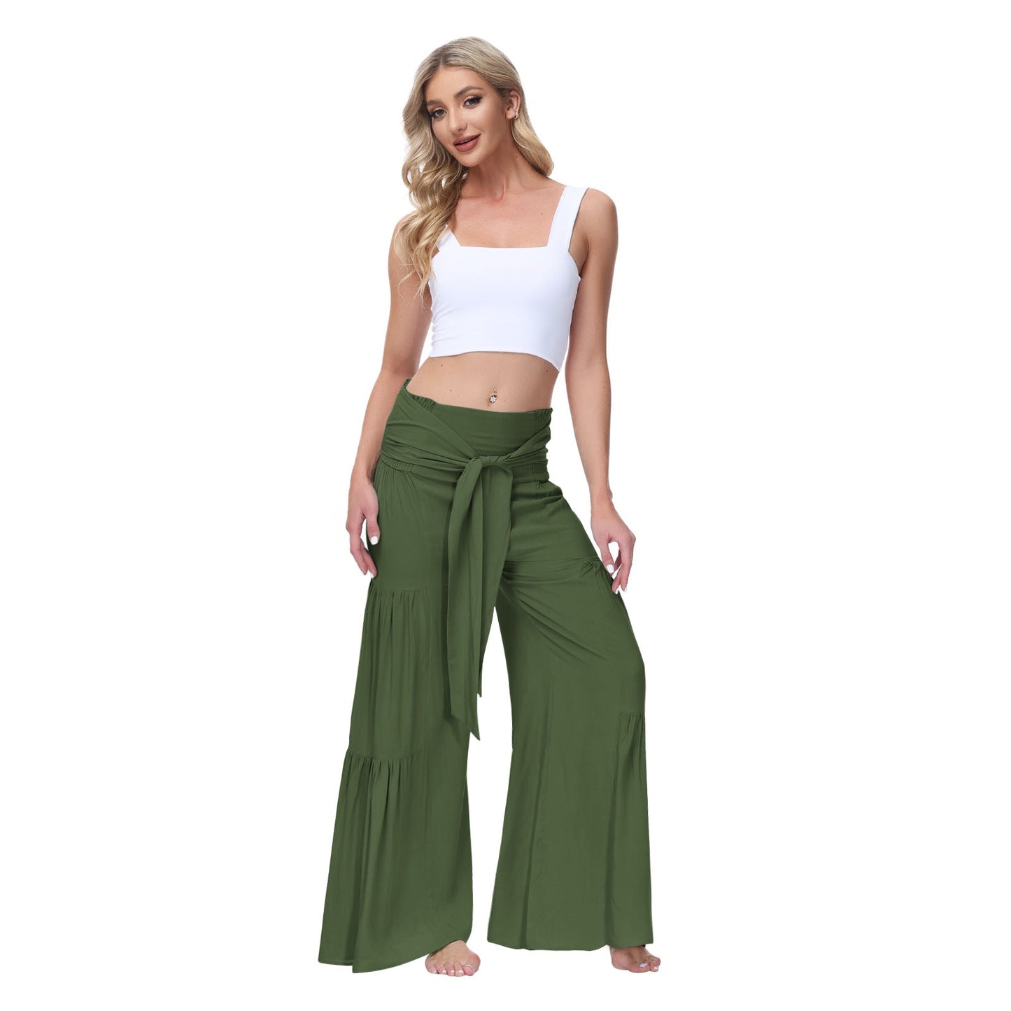 Casual Elastic Waist Wide Legs Pants-Women Bottoms-Army Green-S-Free Shipping Leatheretro