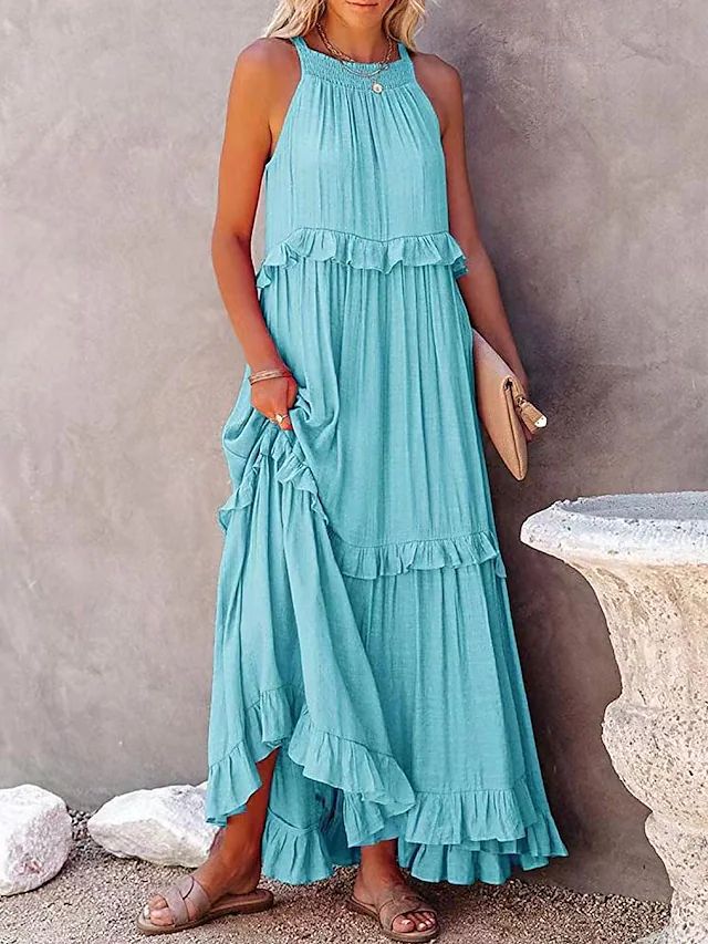 Casual Ruffled Summer Holiday Long Maxi Dresses-Dresses-Blue-S-Free Shipping Leatheretro