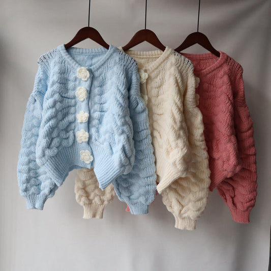Warm Flowers Design Women Knitted Cardigans-Shirts & Tops-Pink-One Size-Free Shipping Leatheretro