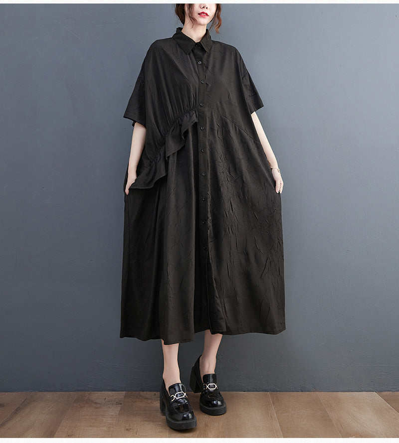 Summer Ruffled Plus Sizes Midi Shirts Dresses-Dresses-Black-One Size-Free Shipping Leatheretro